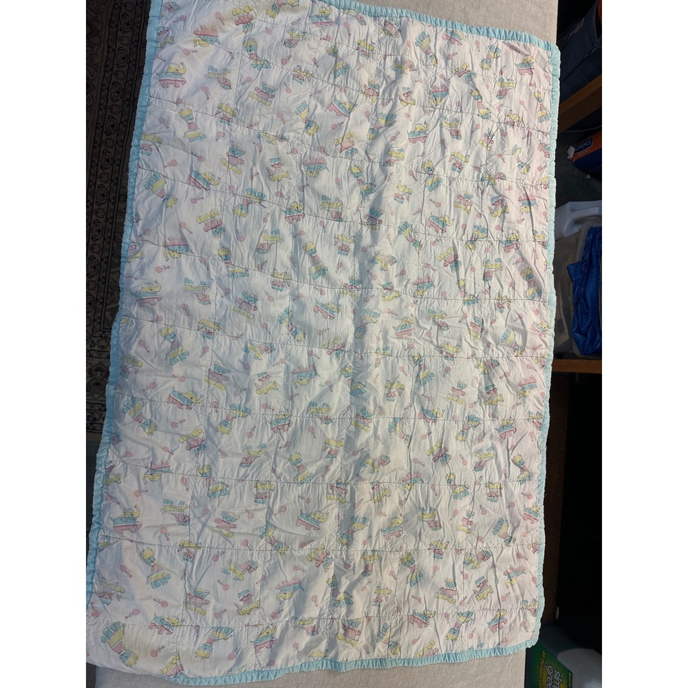 Vintage Quilted Baby Blanket Pastel Animal Print Blue Reversible 30x46 Nursery